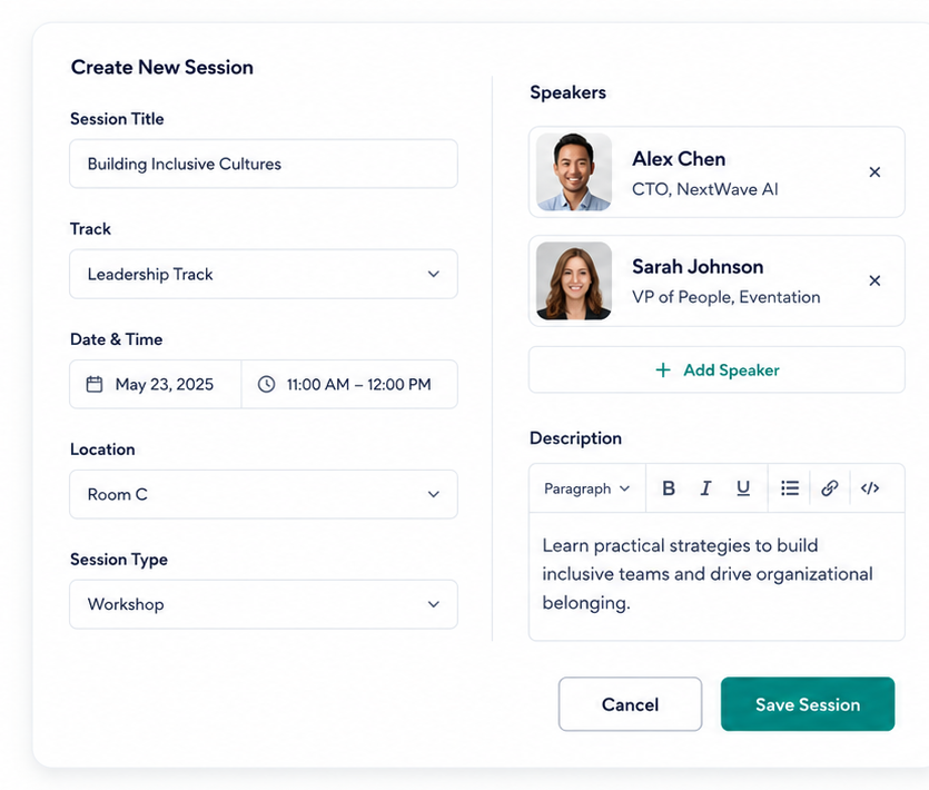 Create new session form and speaker management mockup