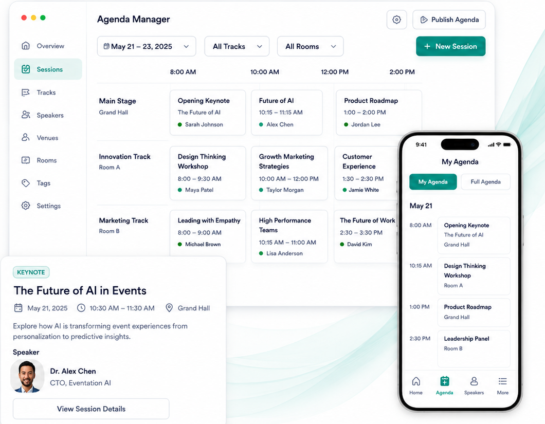 Agenda manager dashboard and mobile agenda mockup