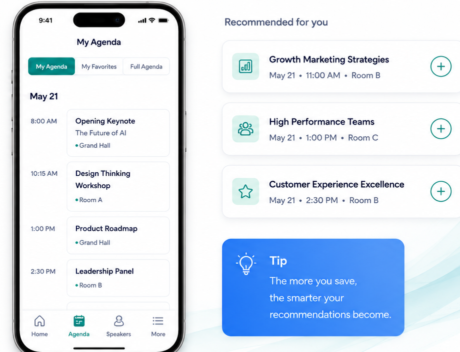 Personalized mobile agenda and recommendations mockup