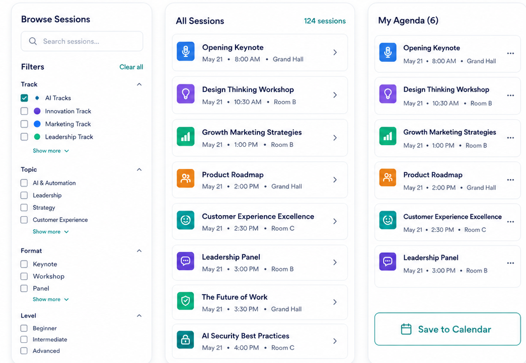 Session filters and saved agenda mockup