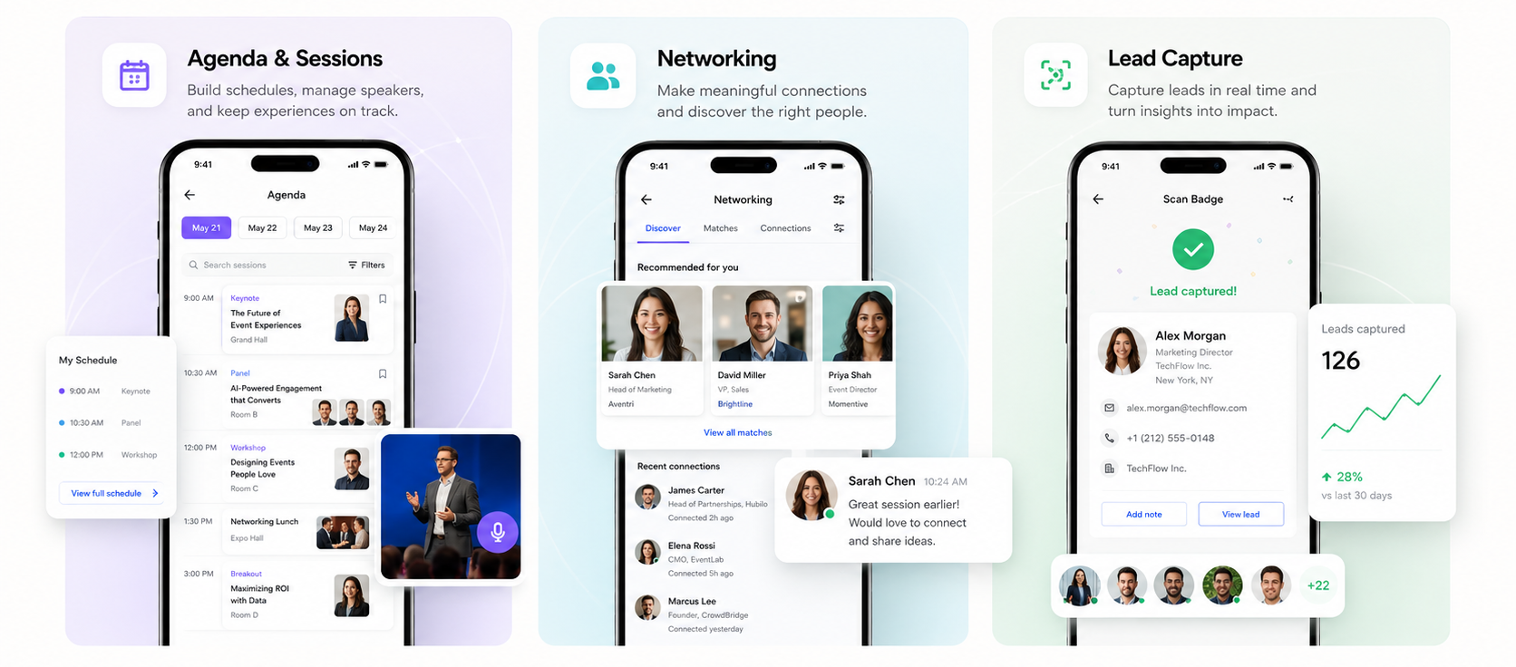 Agenda and Sessions, Networking, and Lead Capture Eventation feature mockups