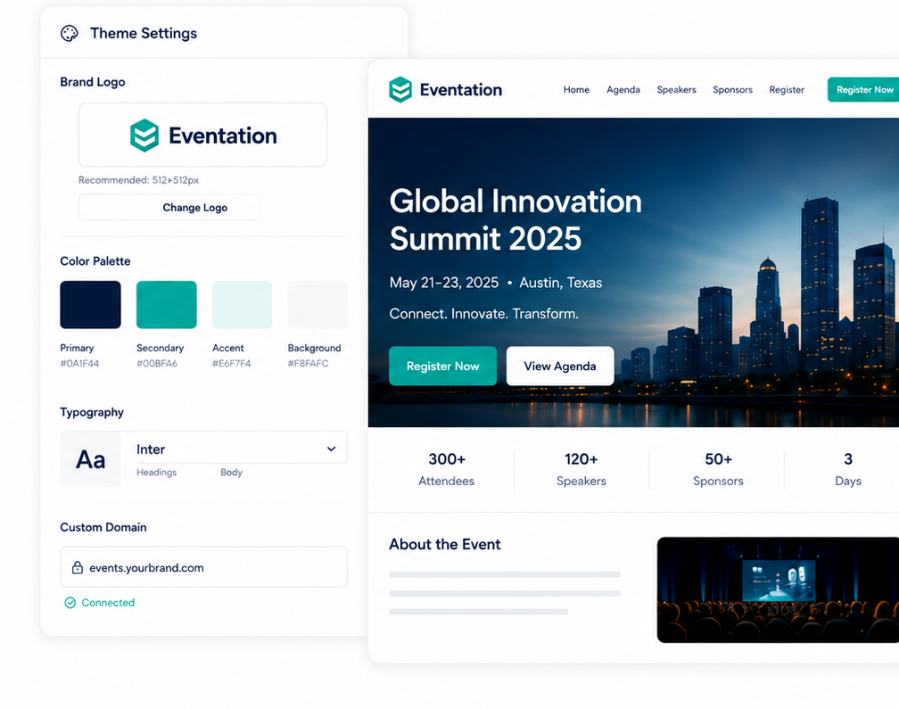 Branding settings and event website preview