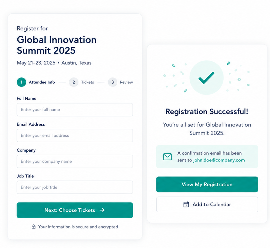 Registration form and confirmation mockups
