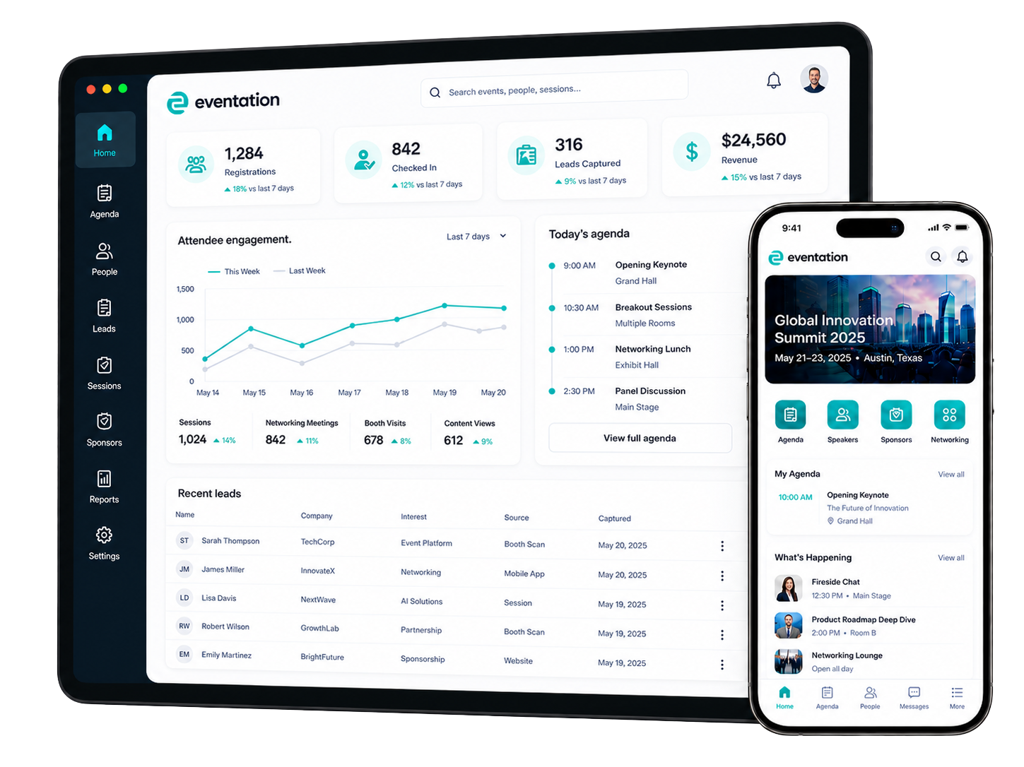 Eventation event management dashboard and mobile event app mockups
