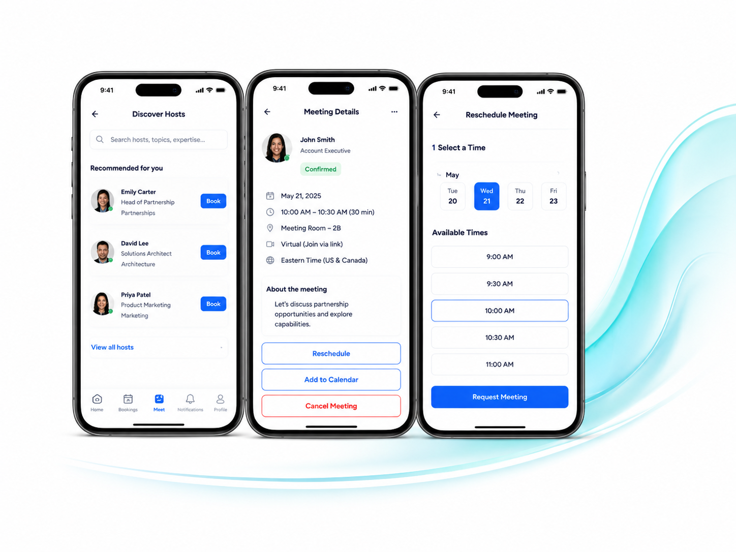 Meeting discovery and booking mobile app mockups
