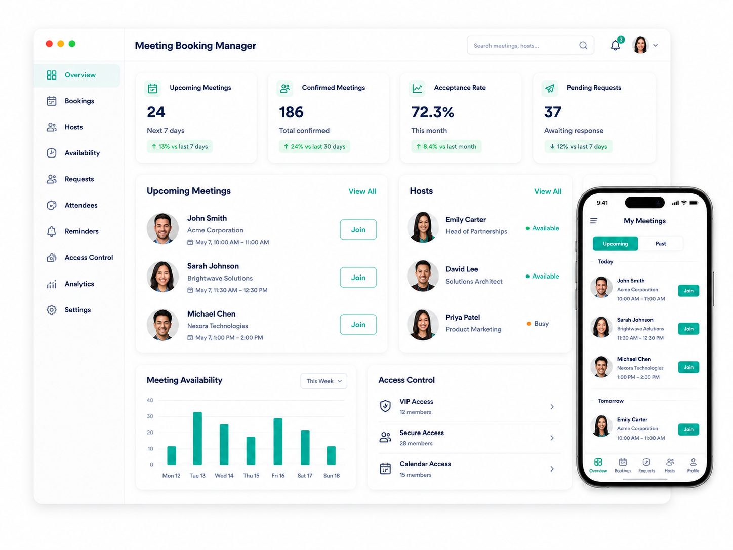 Meeting booking manager dashboard and mobile app mockup