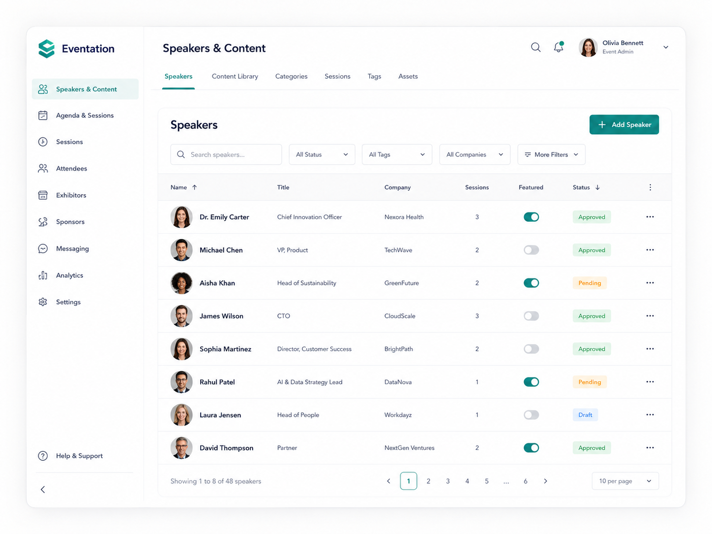 Speaker management dashboard mockup