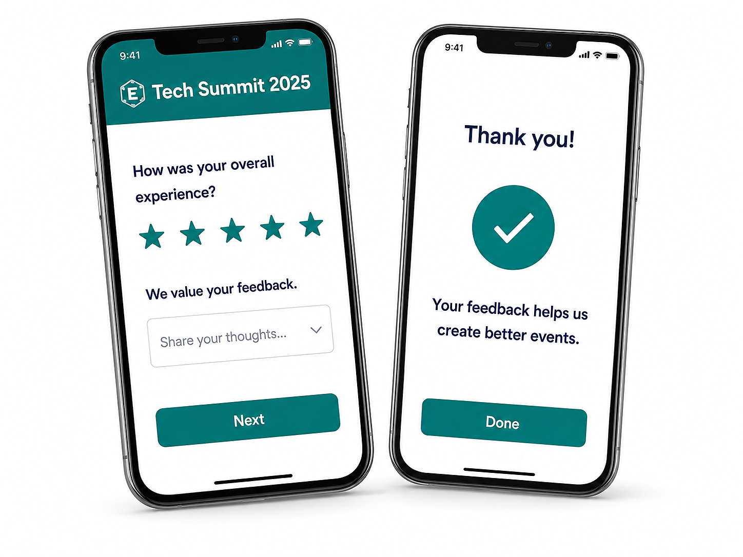 Eventation mobile survey mockups showing attendee feedback forms on smartphones